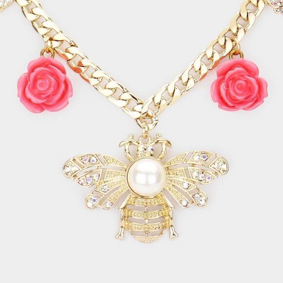 Pearl Center Honey Bee Flower Pendant Necklace Set - Picture 2 of 8